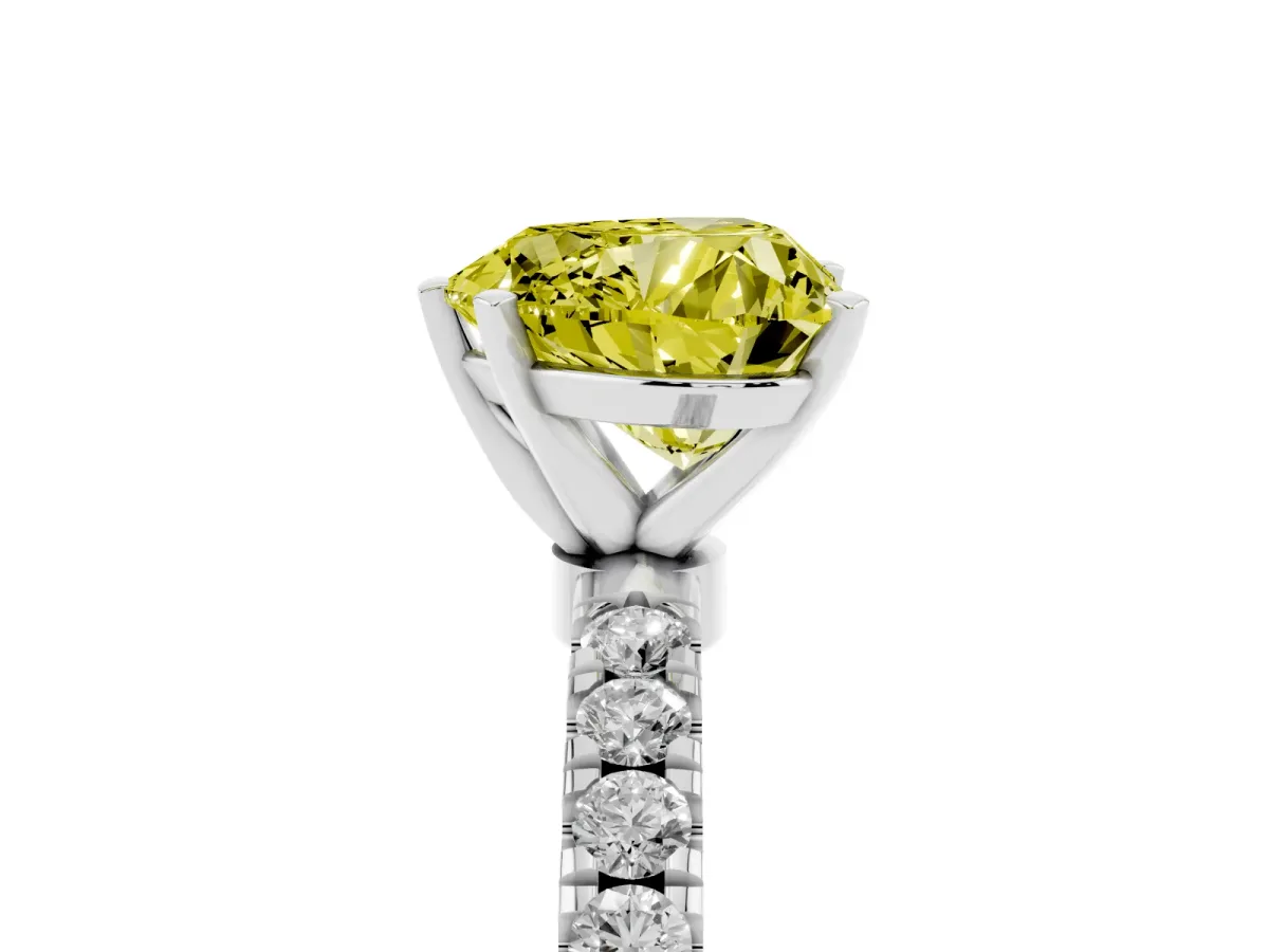 Fancy Yellow Heart Cut Diamond Solitaire Ring with Pavé Accents and Four-Prong Setting Platinum