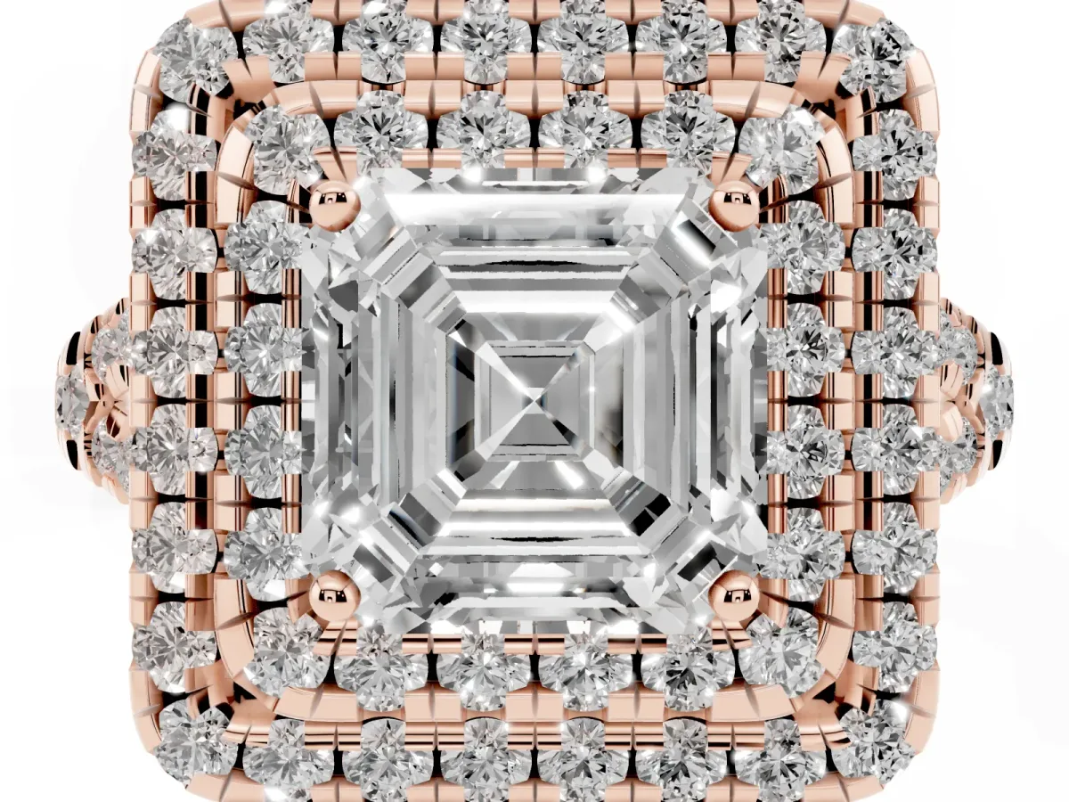 Double Halo Asscher Cut Diamond Pavé Split Shank Ring with Prong Setting Rose gold