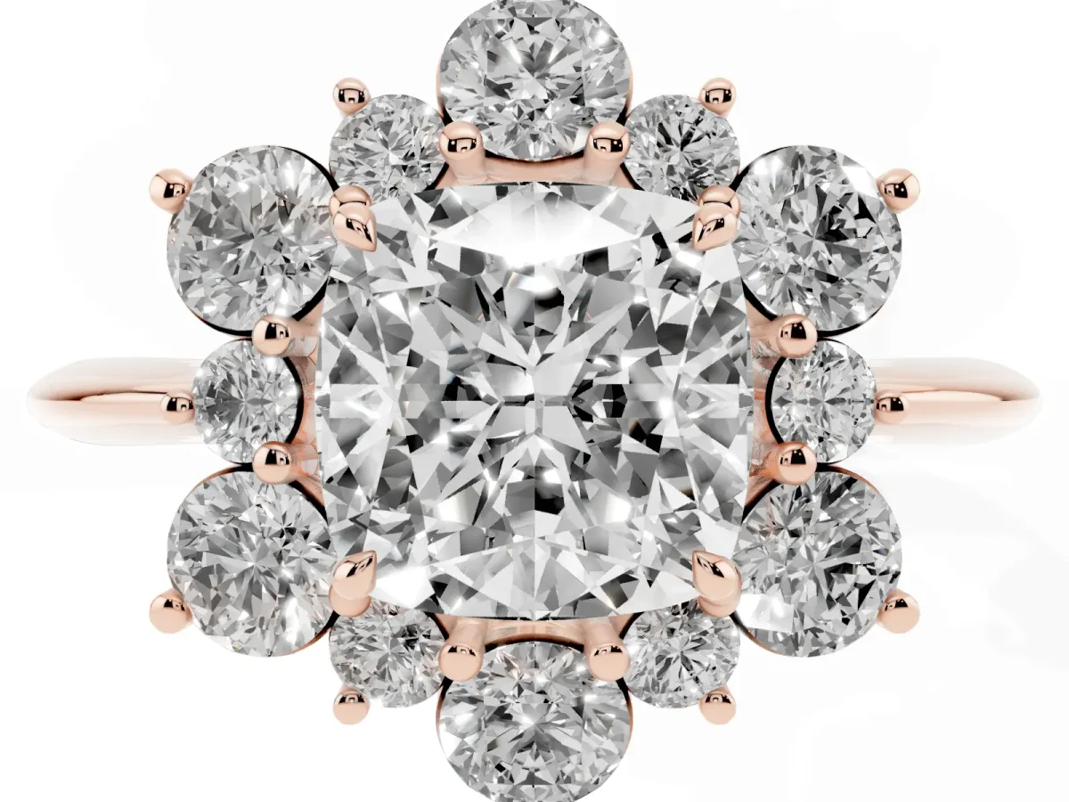Cushion Cut Diamond Cluster Halo Ring with Solitaire Band and Four-Prong Setting Rose gold