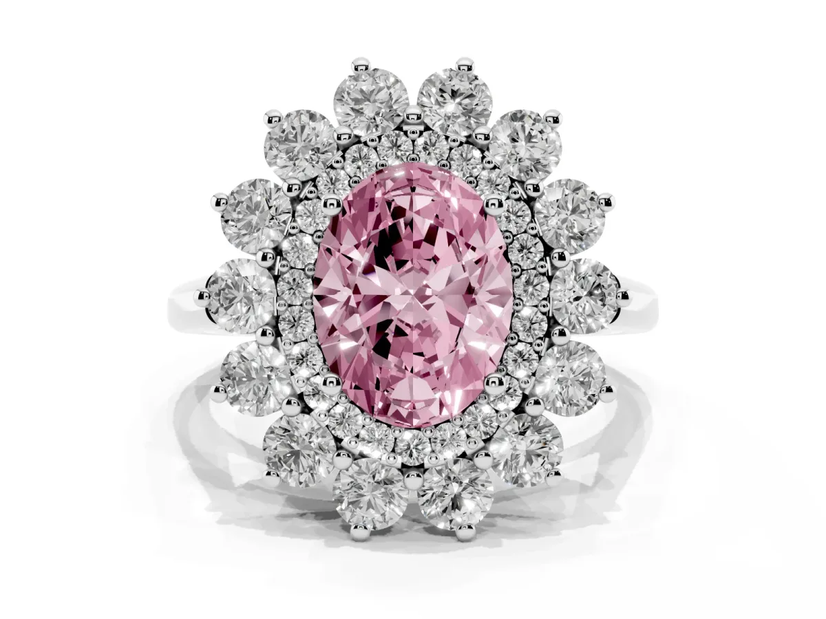 Fancy Pink Oval Cut Diamond Floral Double Halo Engagement Ring with Prong Setting Platinum