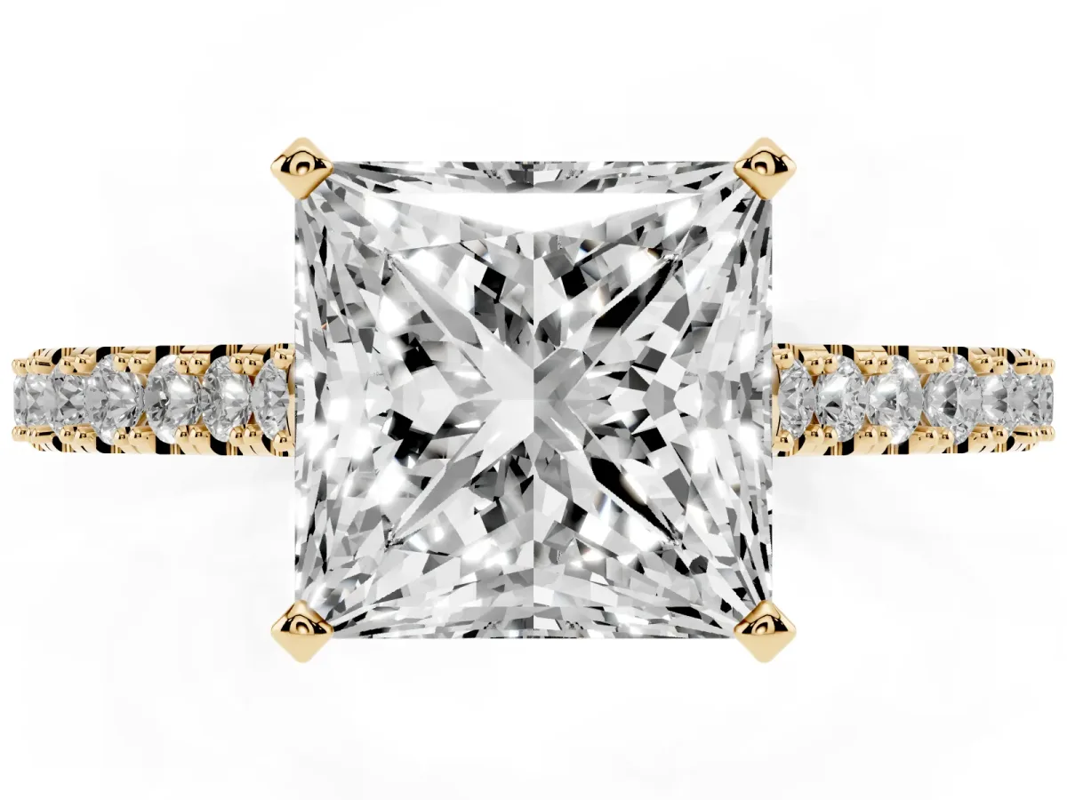 Princess Cut Cut Solitaire Diamond Engagement Ring with Pave Band and Four-Prong Setting Yellow gold