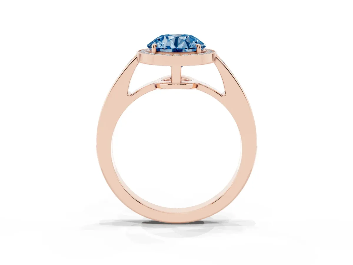 Fancy Blue Round Cut Halo Pavé Diamond Engagement Ring with Bezel Setting Rose gold