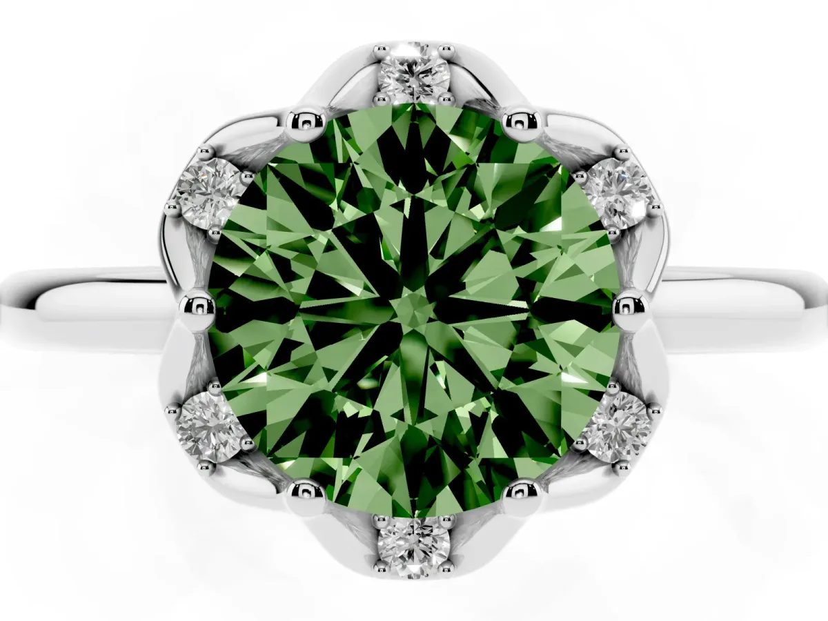 Fancy Green Round Cut Halo Diamond Ring with Round Cluster Setting, Solitaire Band, and Four-Prong Setting Silver