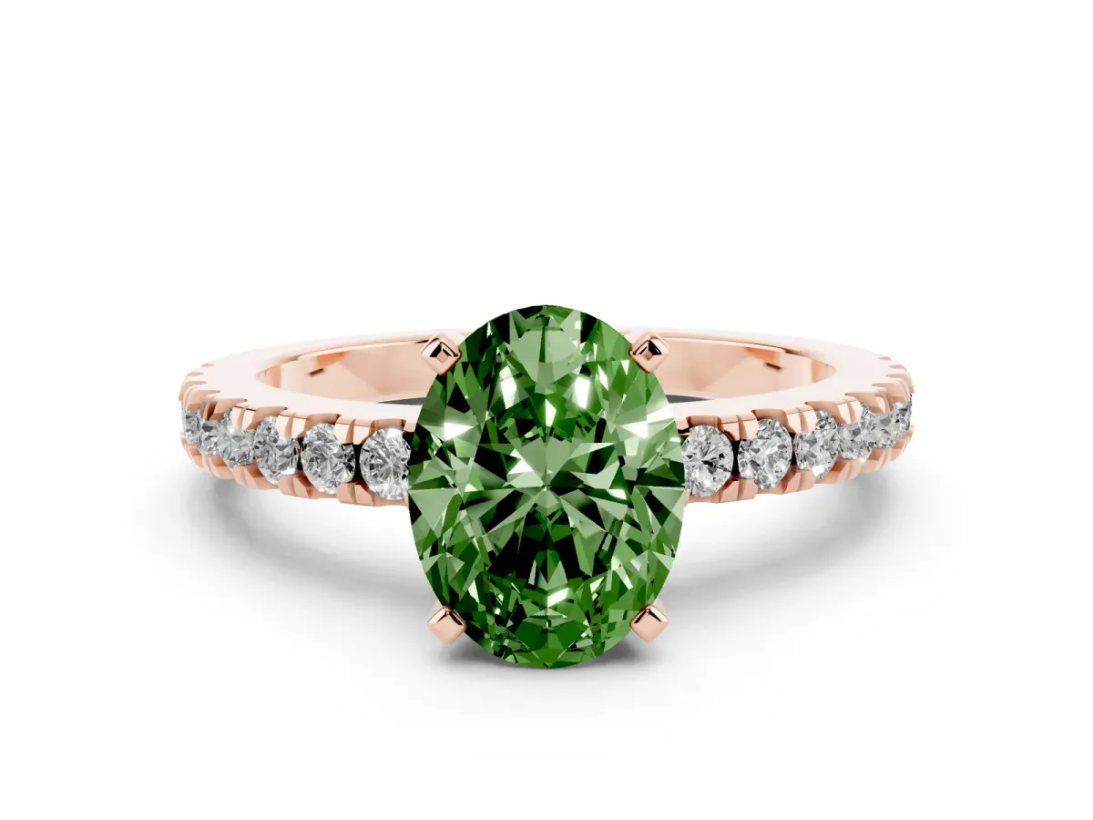 Fancy Green Oval Cut Solitaire Diamond with Pavé Band and Four-Prong Setting Rose gold