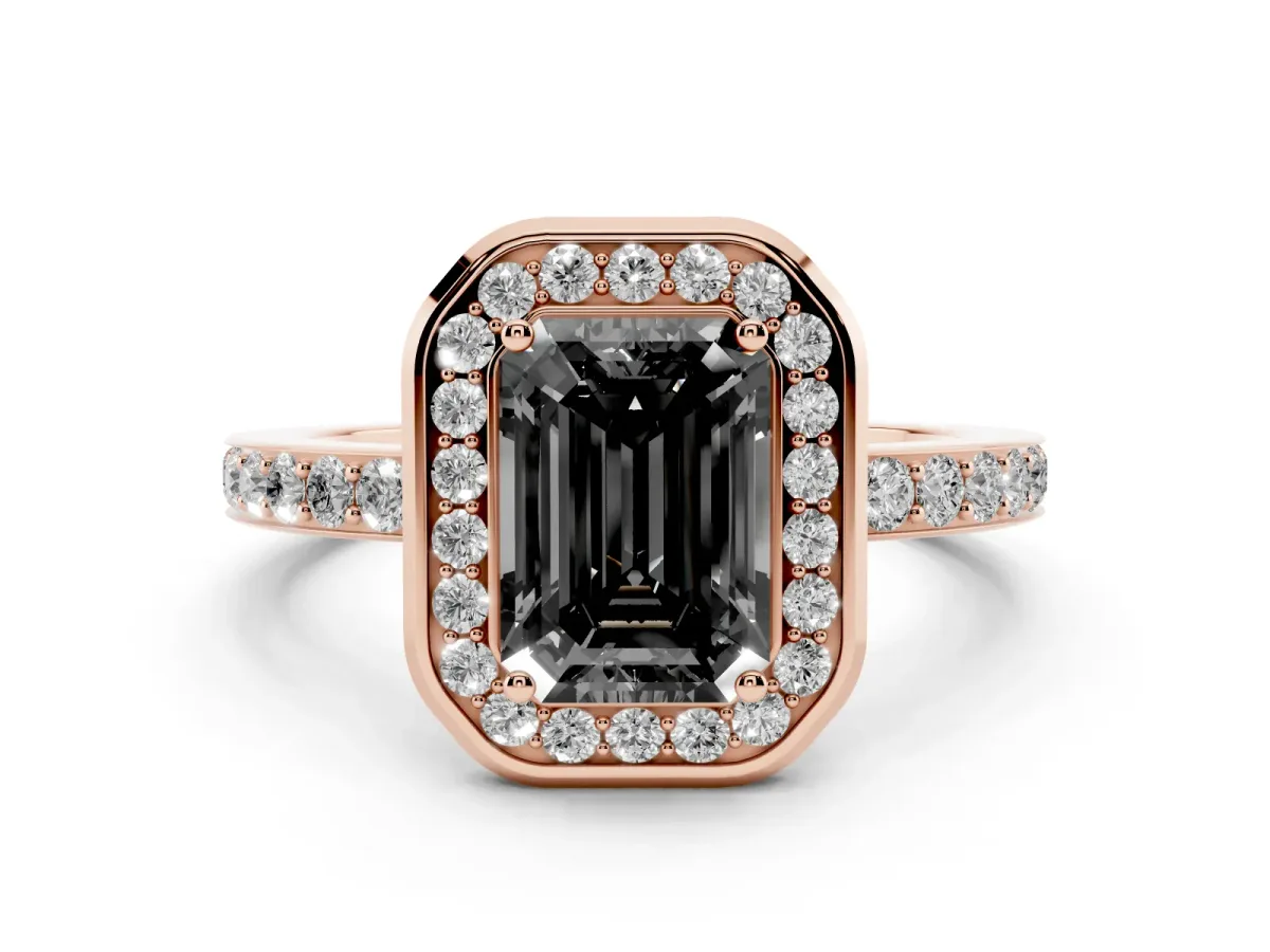 Fancy Black Emerald Cut Diamond Halo Ring with Bezel Frame and Pavé Band Rose gold