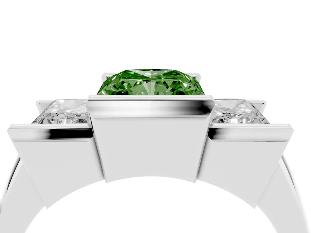 Fancy Green Three Stone Radiant Cut Cut Channel Set Diamond Ring Silver