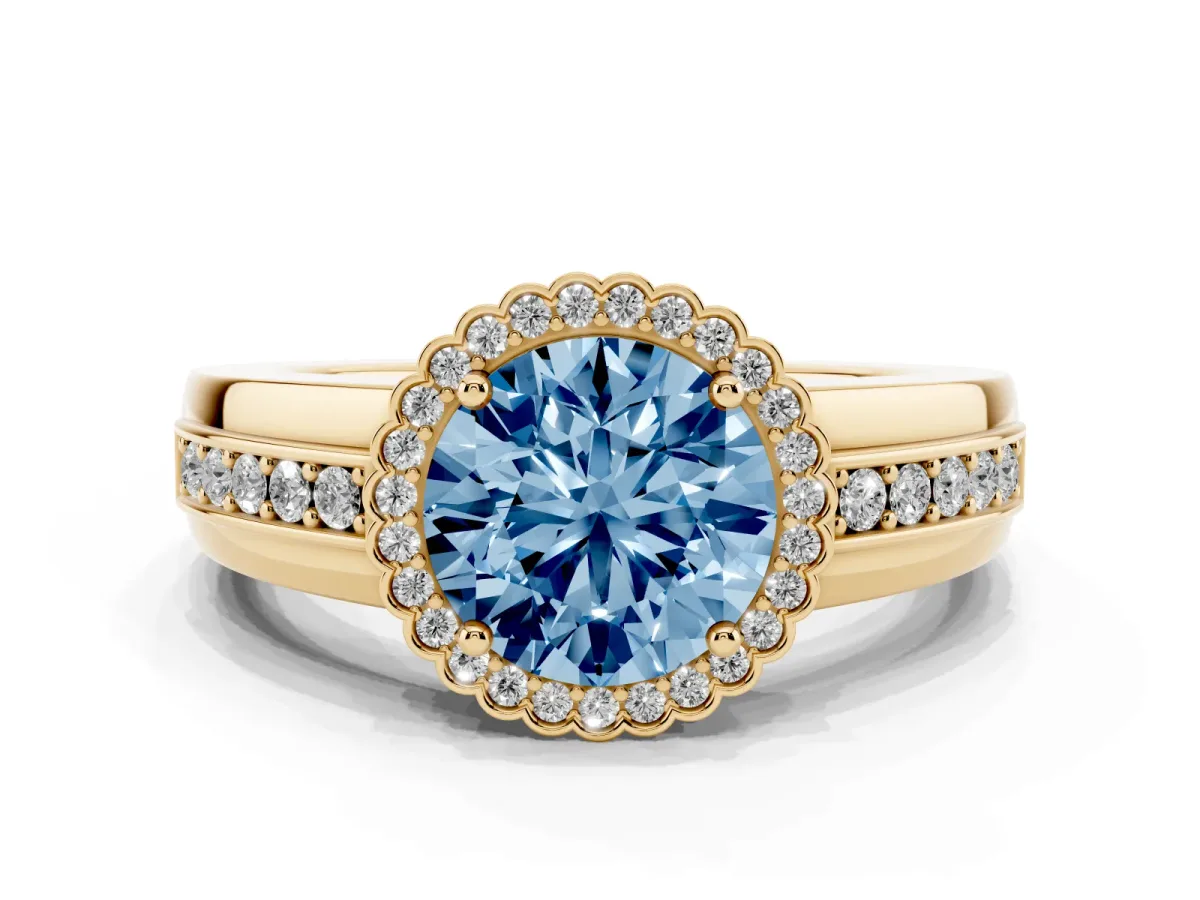 Fancy Blue Round Cut Cut Halo Pave Band Four-Prong Ring Yellow gold