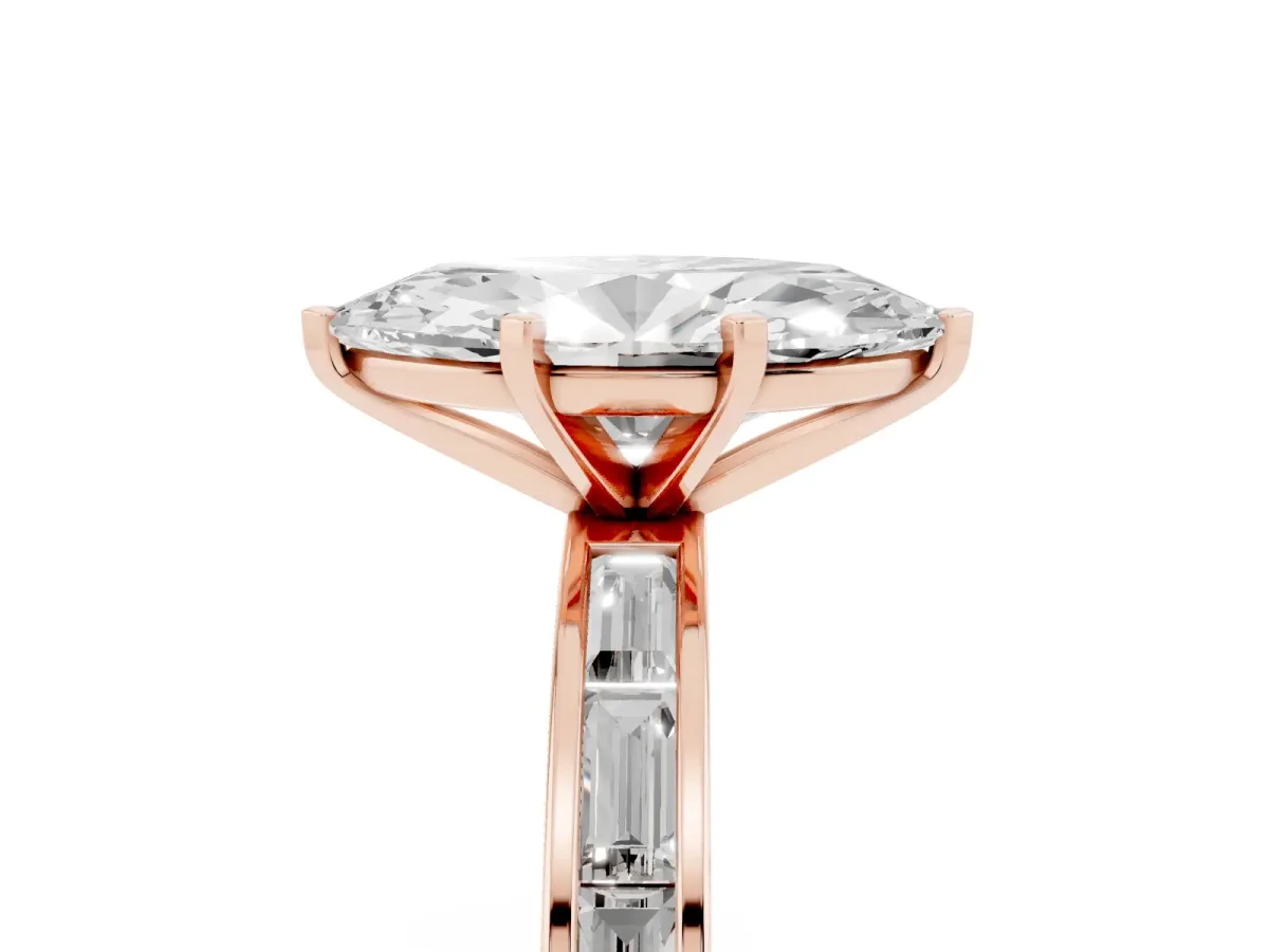 Marquise Cut Solitaire Diamond Ring with Channel-Set Baguette Band and Four-Prong Setting Rose gold