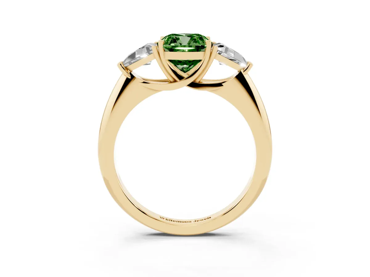 Fancy Green Three-Stone Cushion Cut Diamond Engagement Ring with Trillion Side Stones and Prong Setting Yellow gold
