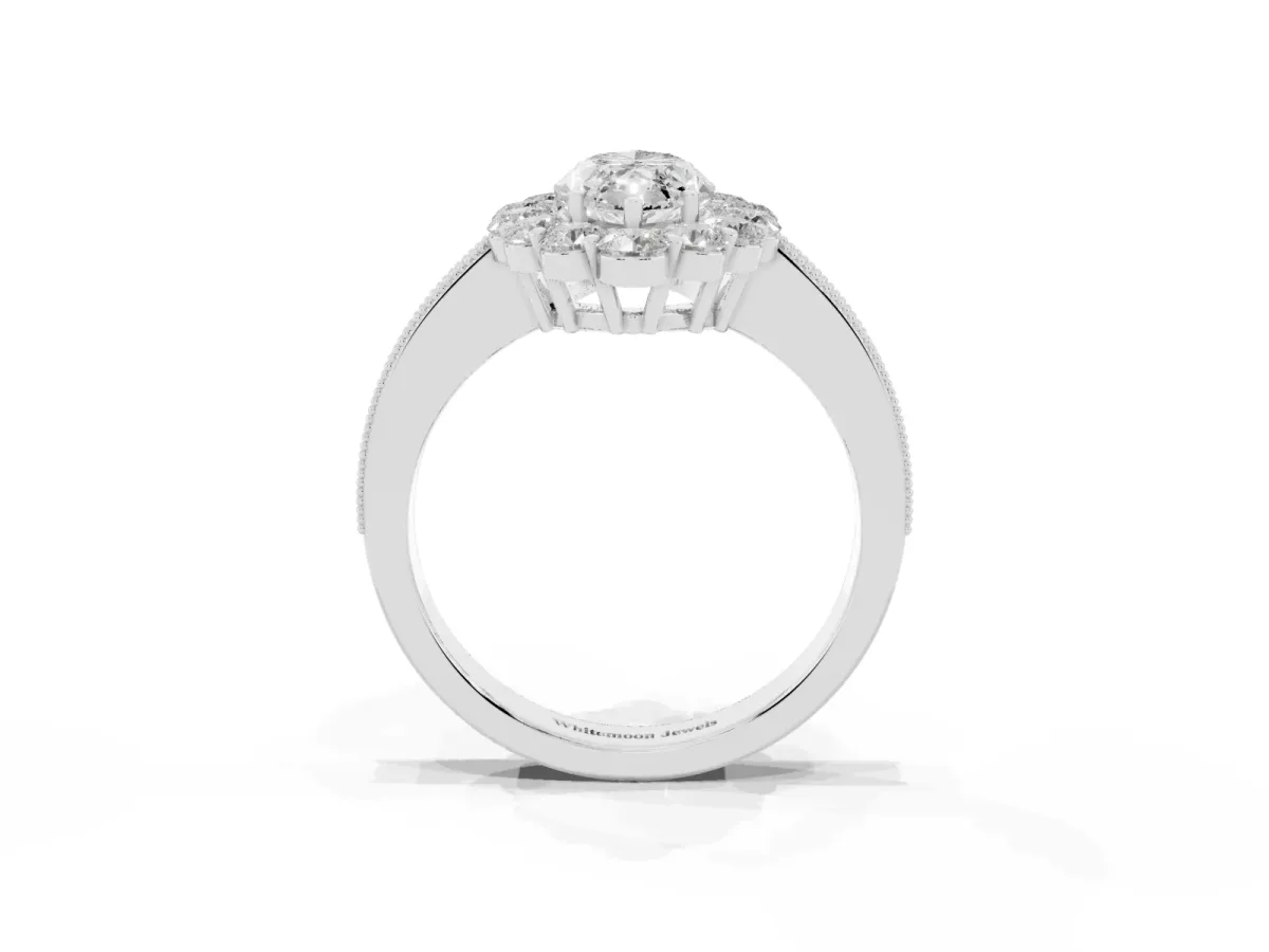 Marquise Cut Cut Halo Diamond Pavé Engagement Ring with Milgrain Detailing White gold