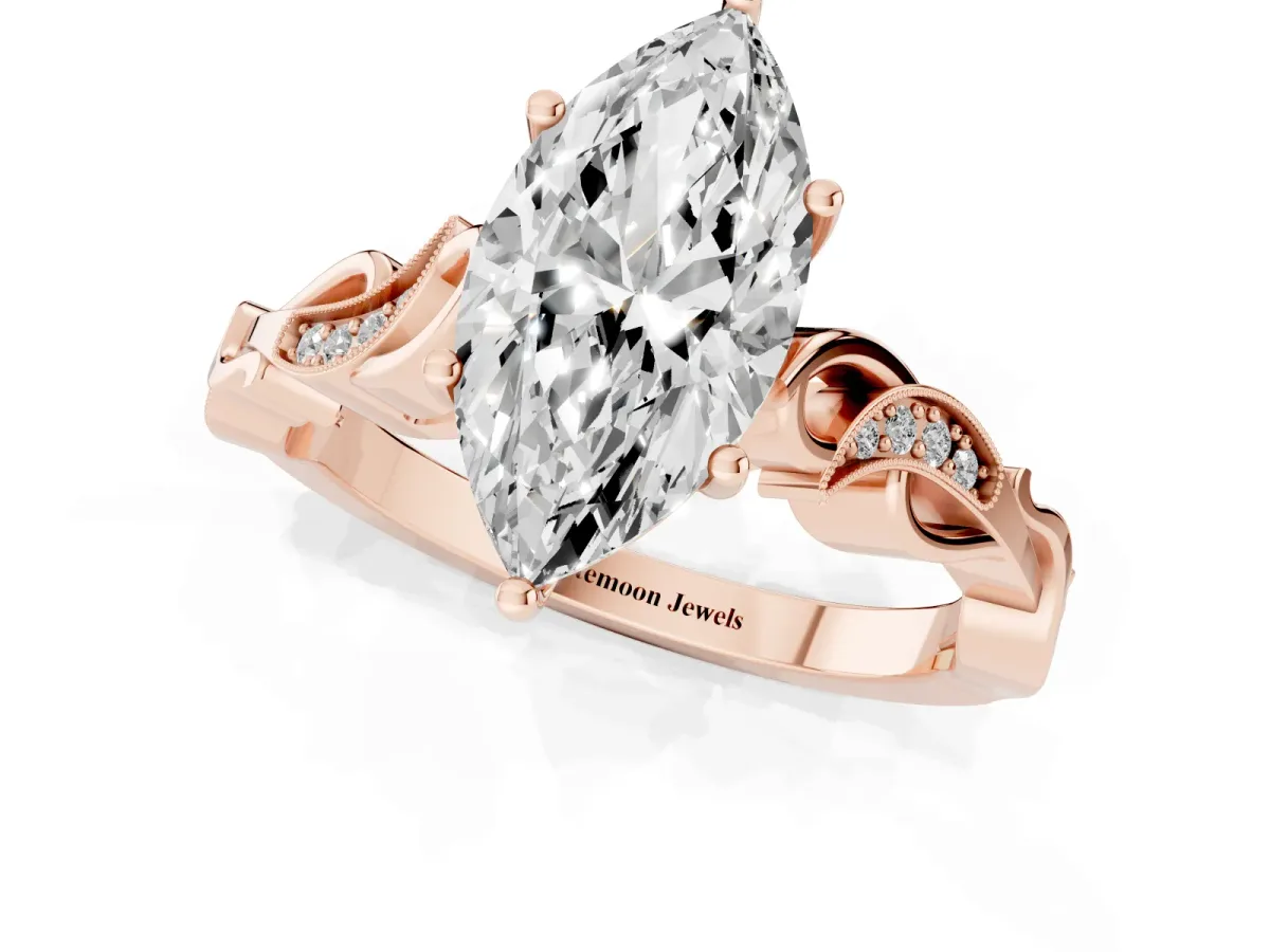 Marquise Cut Solitaire Vine Band with Milgrain Prong Setting Rose gold
