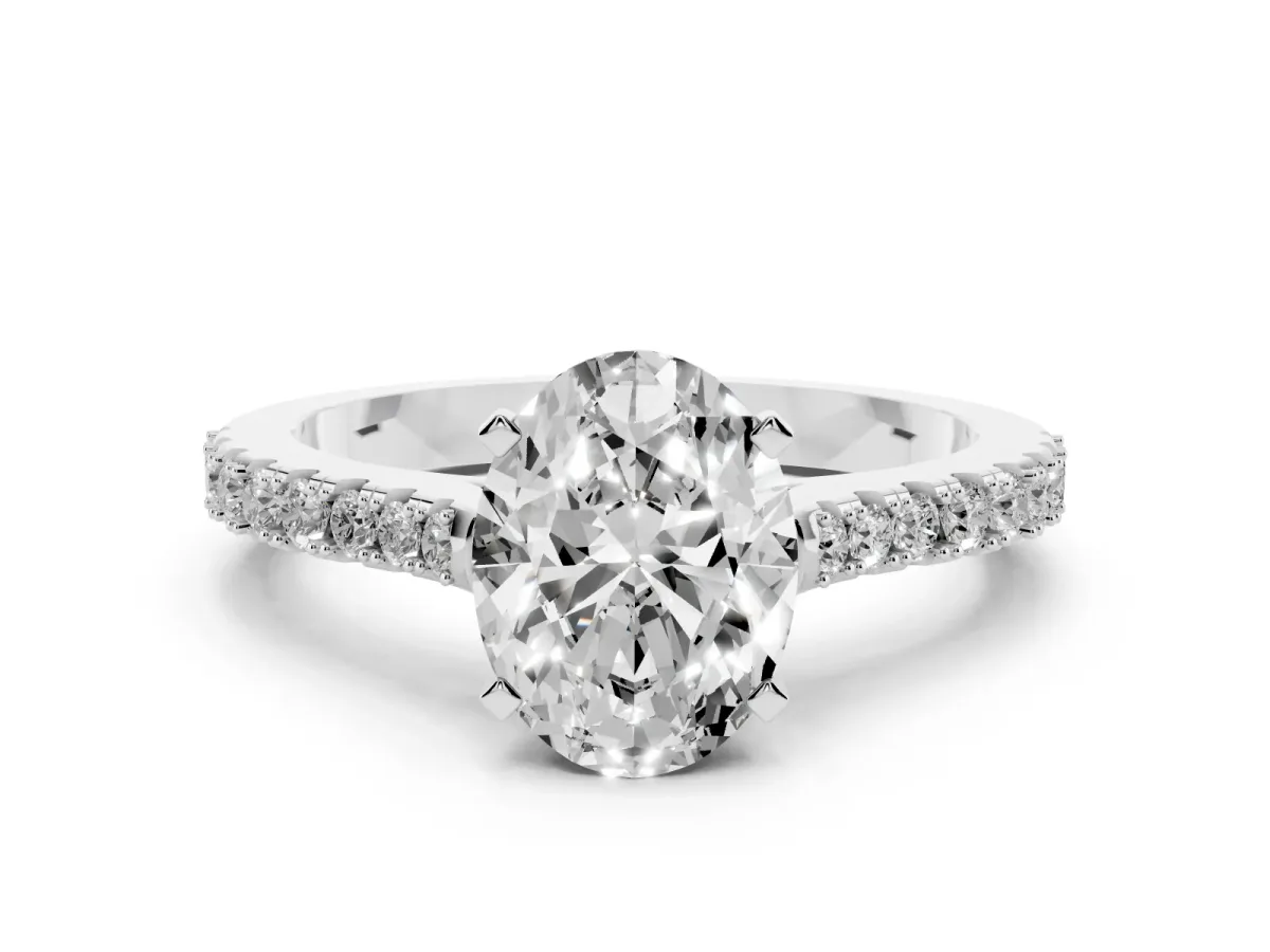 Oval Cut Cut Solitaire Diamond Engagement Ring with Pave Band and Four-Prong Setting Silver