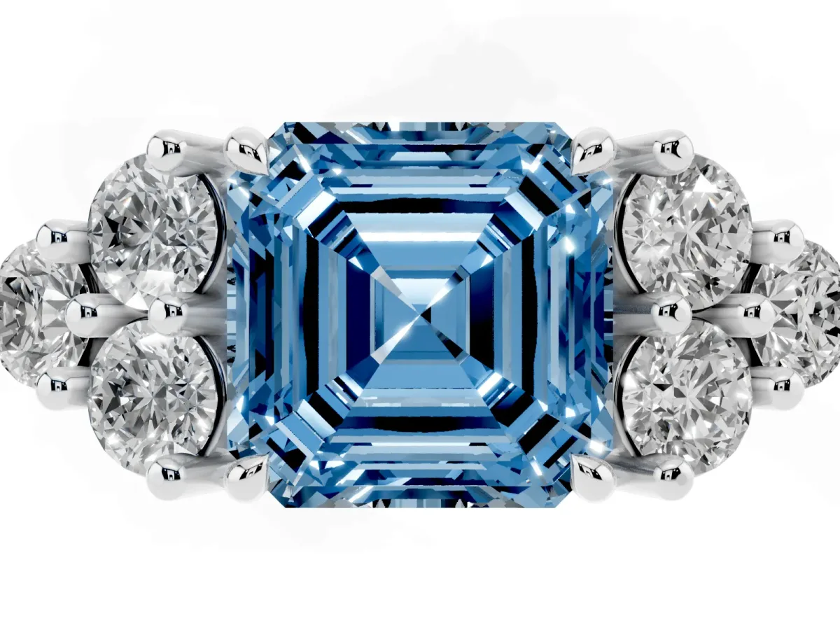 Fancy Blue Asscher Cut Brilliant Diamond Cluster Accent Solitaire Ring with Prong Setting White gold