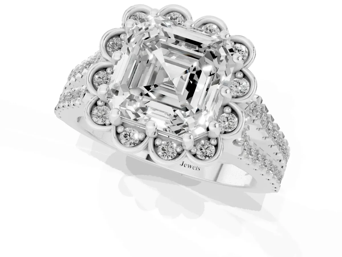 Asscher Cut Halo Diamond Floral Split Shank Engagement Ring Silver