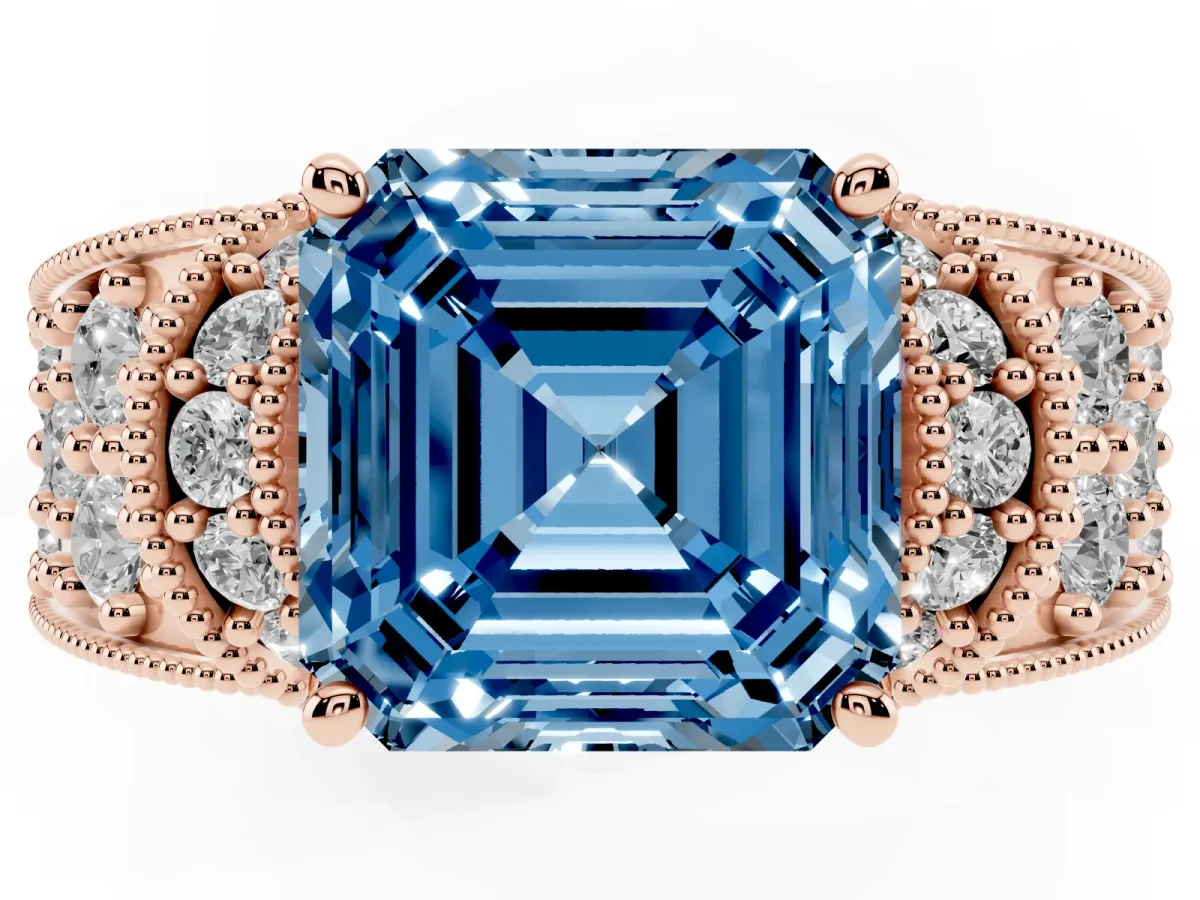 Fancy Blue Asscher Cut Halo Pave Diamond Engagement Ring with Milgrain Detailing Rose gold
