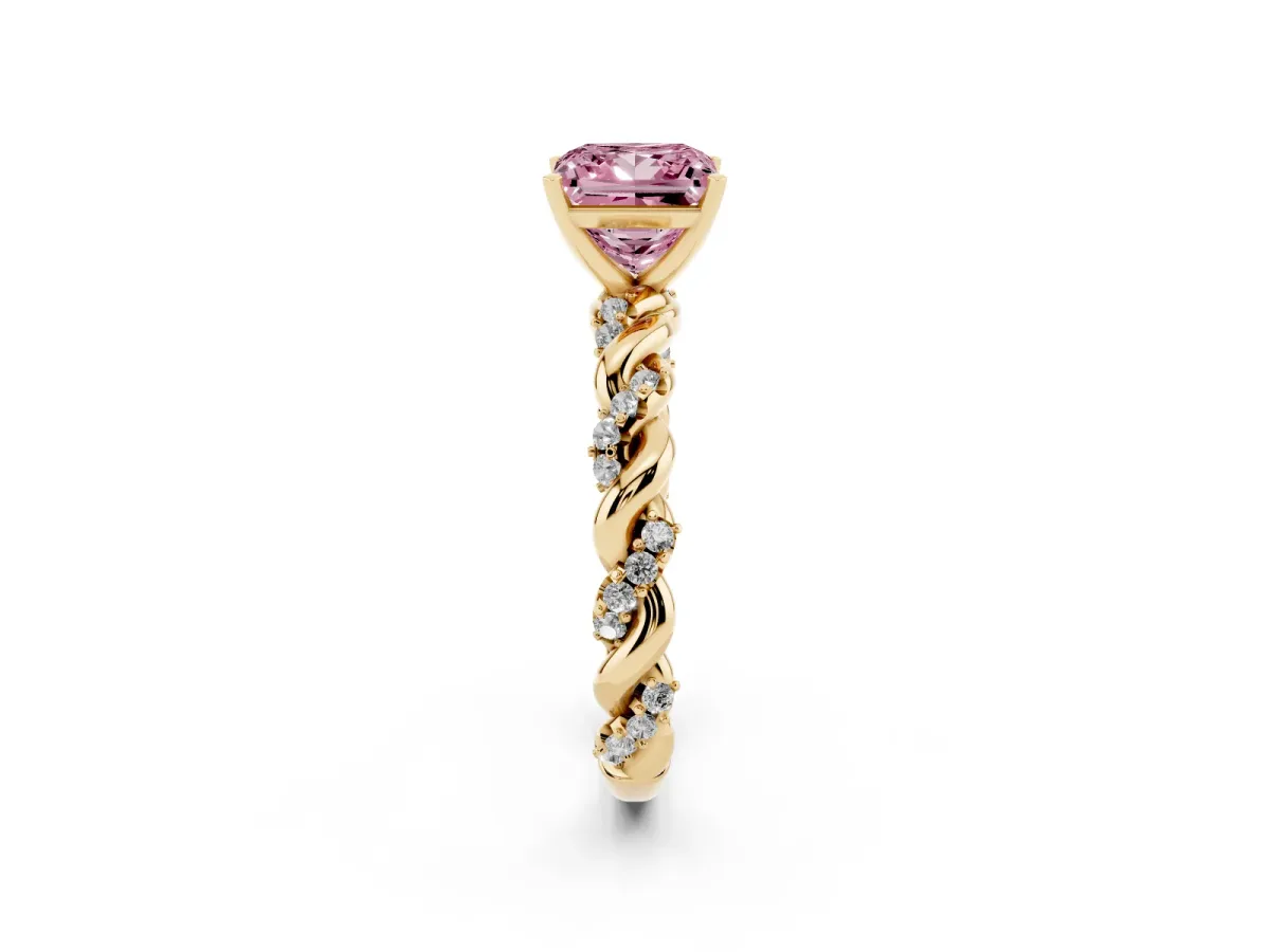 Fancy Pink Princess Cut Diamond Solitaire Ring with Twisted Band and Pavé Accents Yellow gold