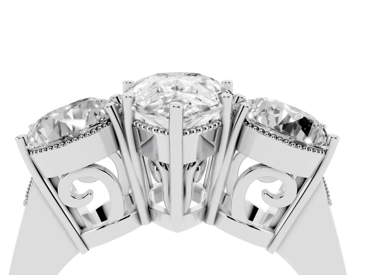 Three-Stone Pear Cut Diamond Engagement Ring with Prong Setting on a Classic Band Silver