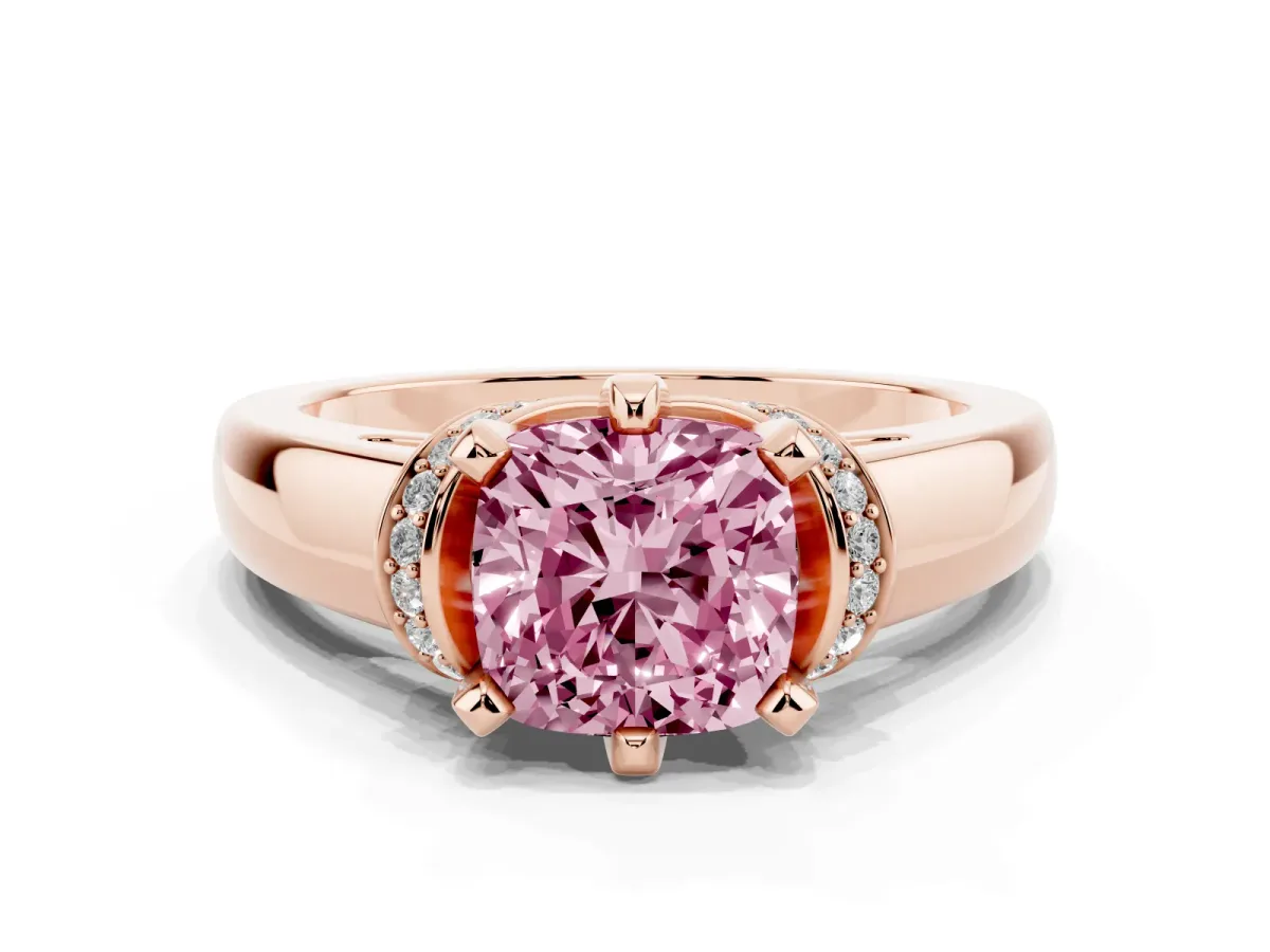 Fancy Pink Cushion Cut Solitaire Diamond Ring with Pave Band and Six-Prong Setting Rose gold