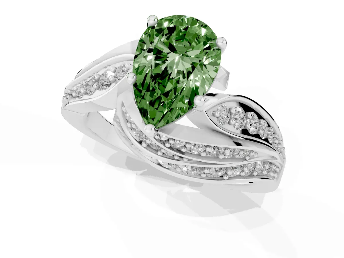 Fancy Green Pear Cut Diamond Solitaire Ring with Prong Setting and Twisted Pavé Band Silver