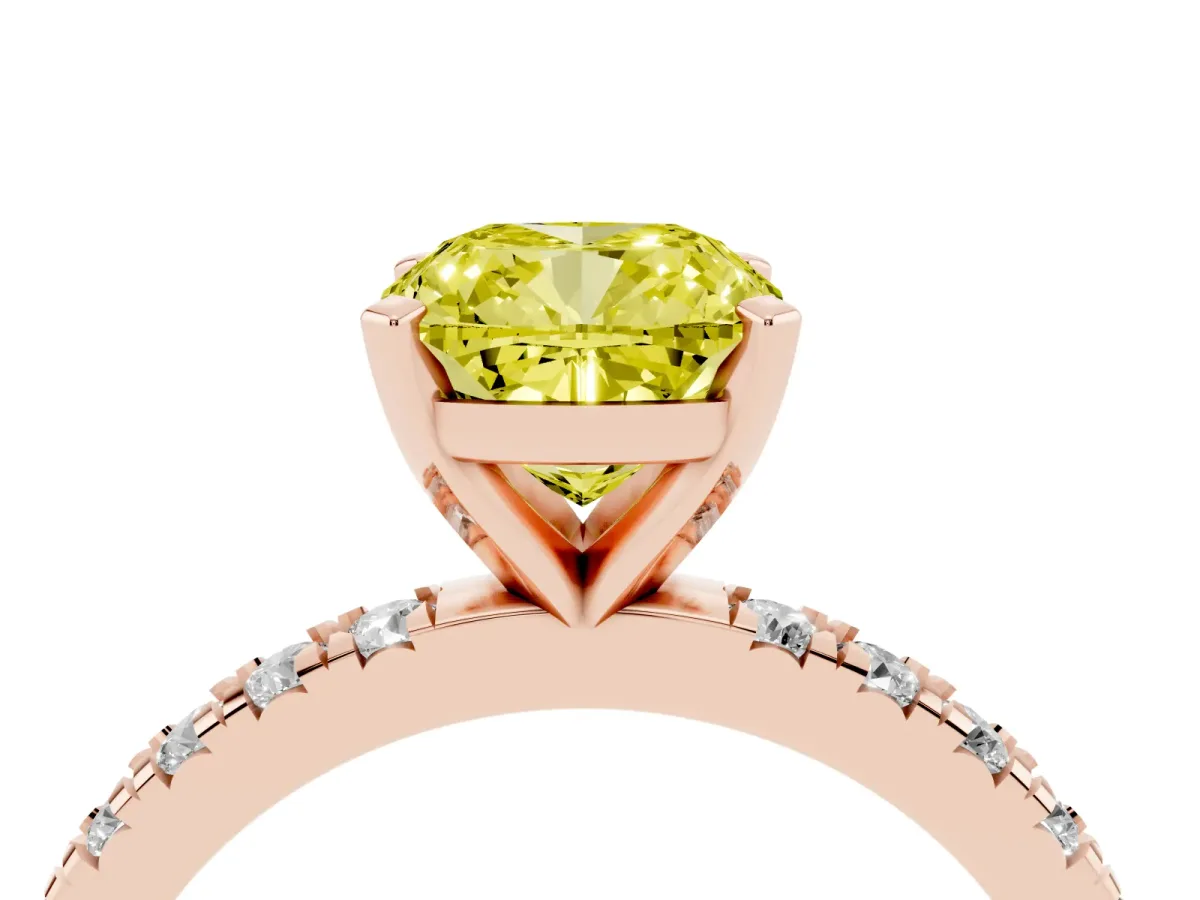 Fancy Yellow Cushion Cut Diamond Pavé Band Solitaire with Four-Prong Setting Rose gold