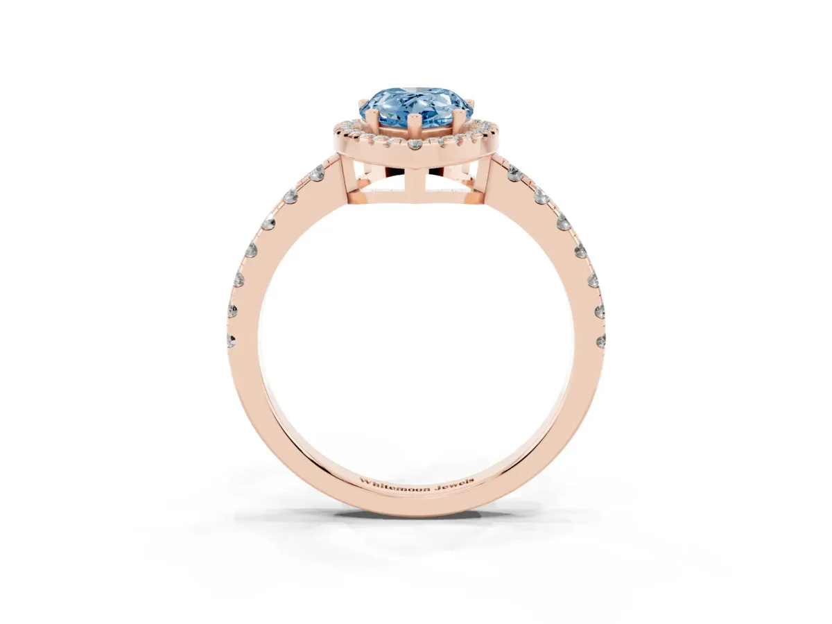 Fancy Blue Pear Cut Diamond Halo Ring with Pavé Band and Four-Prong Setting Rose gold