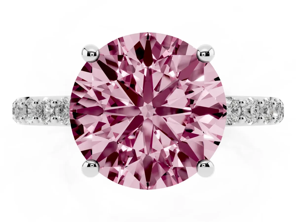 Fancy Pink Round Cut Diamond Solitaire Ring with Round Pavé Band and Prong Setting Silver