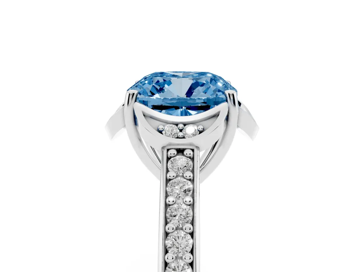 Fancy Blue Cushion Cut Cut Halo Diamond Ring with Channel Set Band and Four-Prong Setting Silver