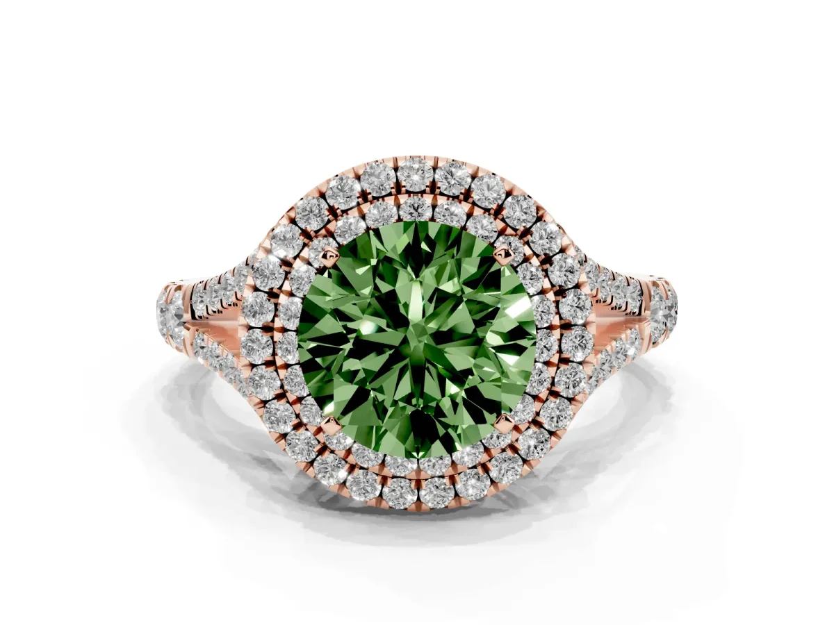 Fancy Green Round Cut Diamond Double Halo Ring with Split Shank and Prong Setting Rose gold