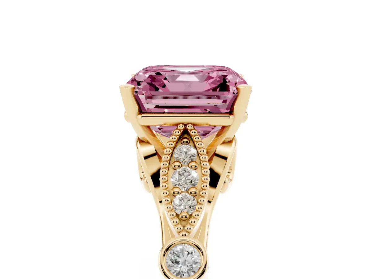 Fancy Pink Asscher Cut Cut Diamond with Milgrain Marquise and Bezel Accents on a Solitaire Band with Prong Setting Yellow gold