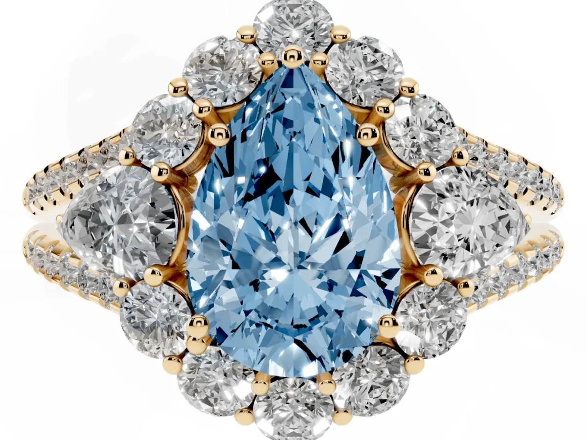 Fancy Blue Pear Cut Halo Split Shank Diamond Engagement Ring with Prong Setting Yellow gold