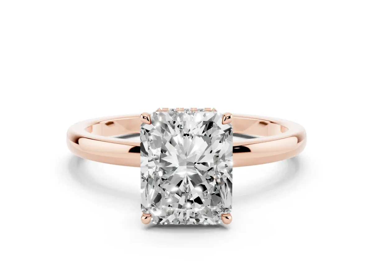 Radiant Cut Solitaire Engagement Ring with Cathedral Band and Four-Prong Setting Rose gold