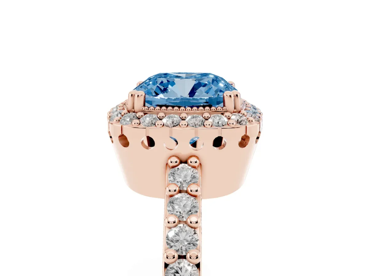 Fancy Blue Cushion Cut Cut Diamond Halo Engagement Ring with Milgrain Detail and Pavé Band Rose gold