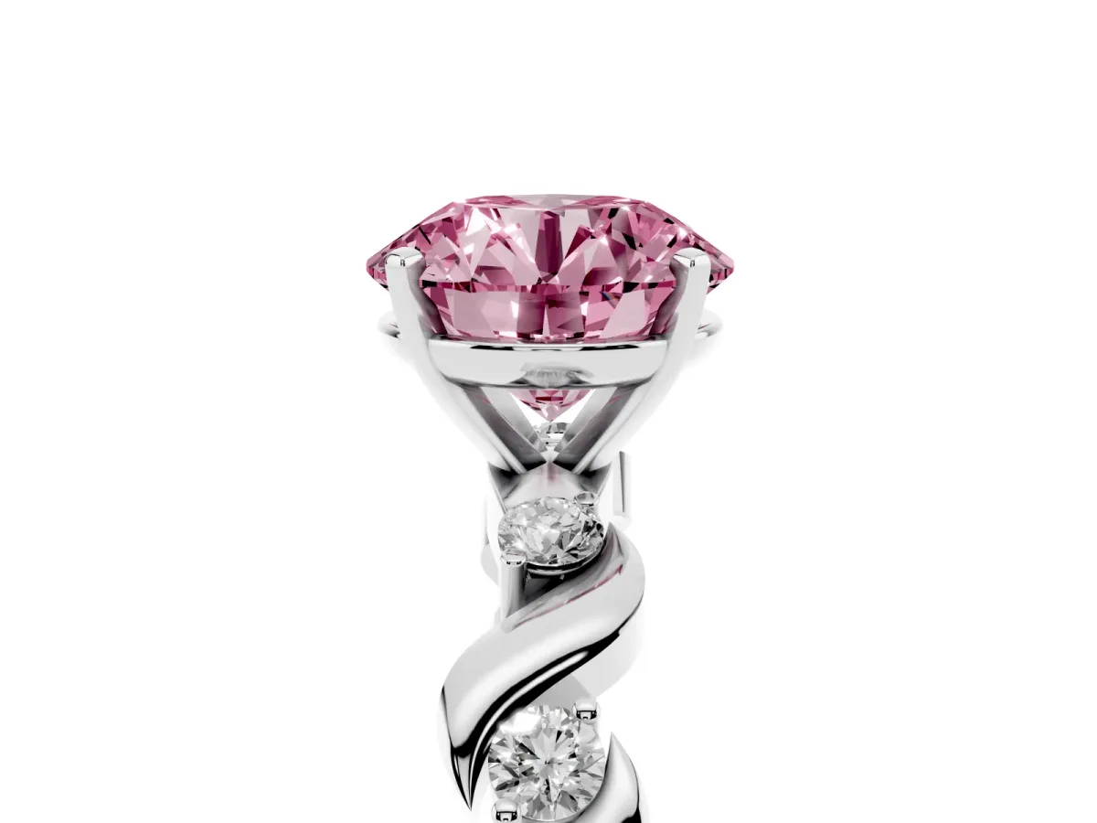 Fancy Pink Round Cut Diamond Solitaire Twisted Band with Round Accents and Prong Setting Silver
