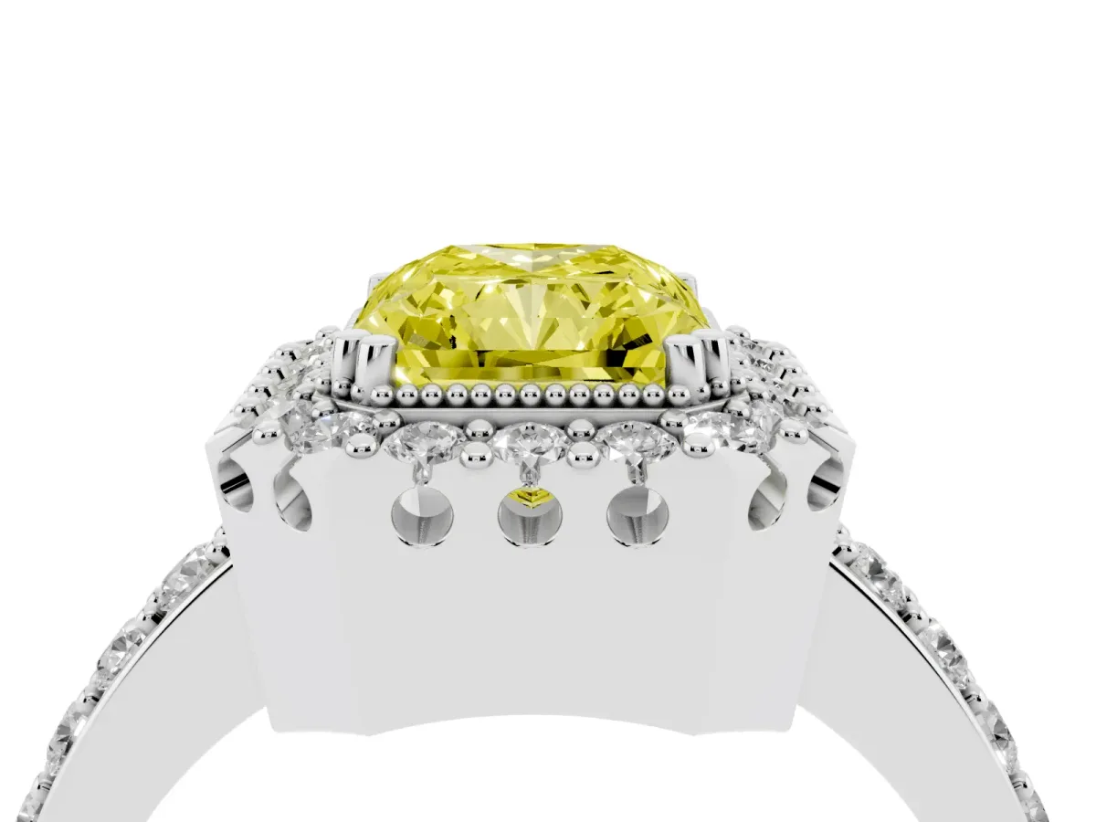 Fancy Yellow Radiant Cut Diamond Halo Ring with Pavé Band and Prong Setting White gold