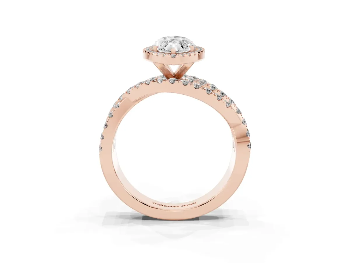 Marquise Cut Diamond Halo Ring with Round Split Shank and Prong Setting Rose gold