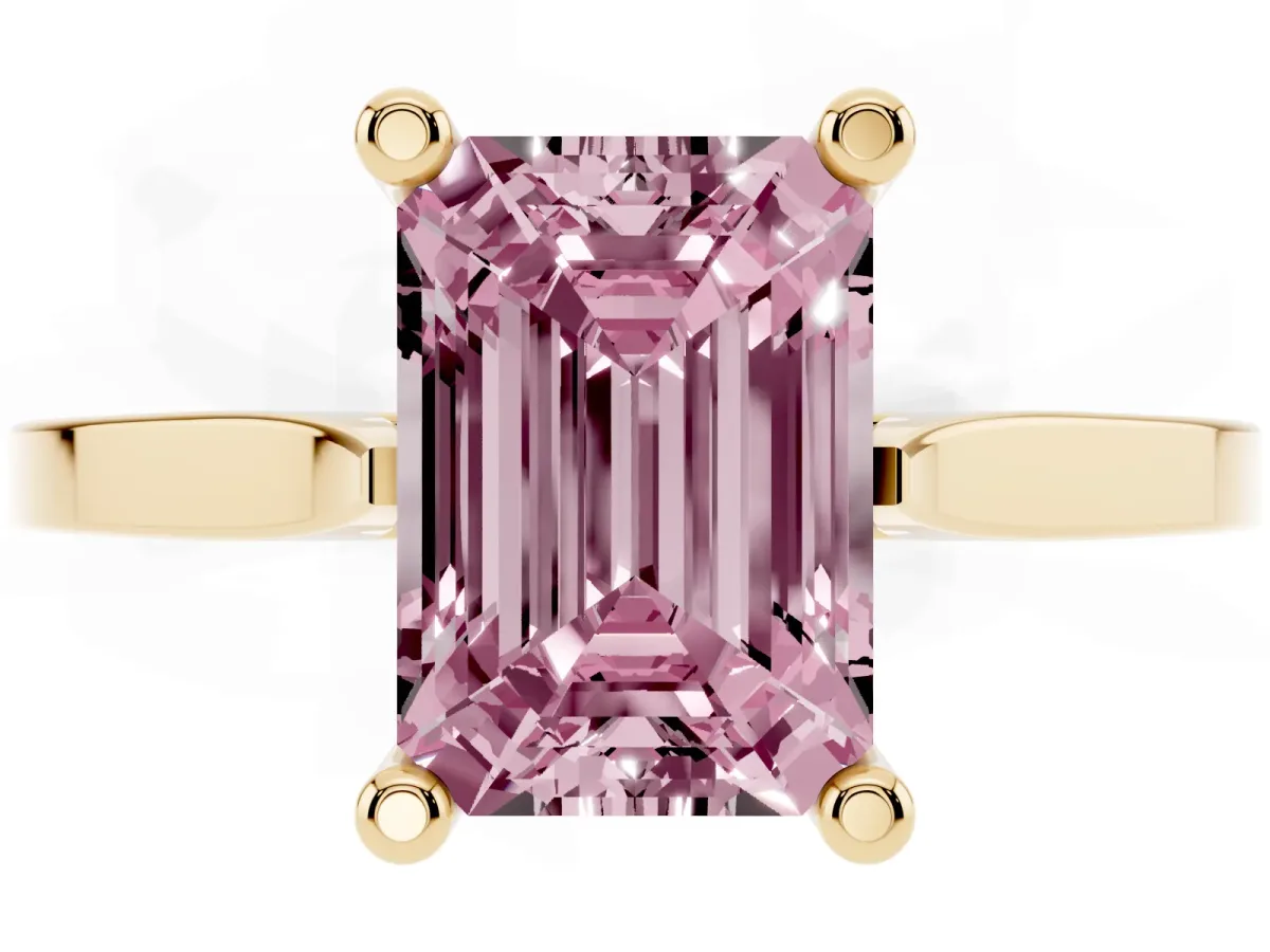 Fancy Pink Emerald Cut Solitaire Diamond Ring with Four-Prong Setting and Tapered Band Yellow gold
