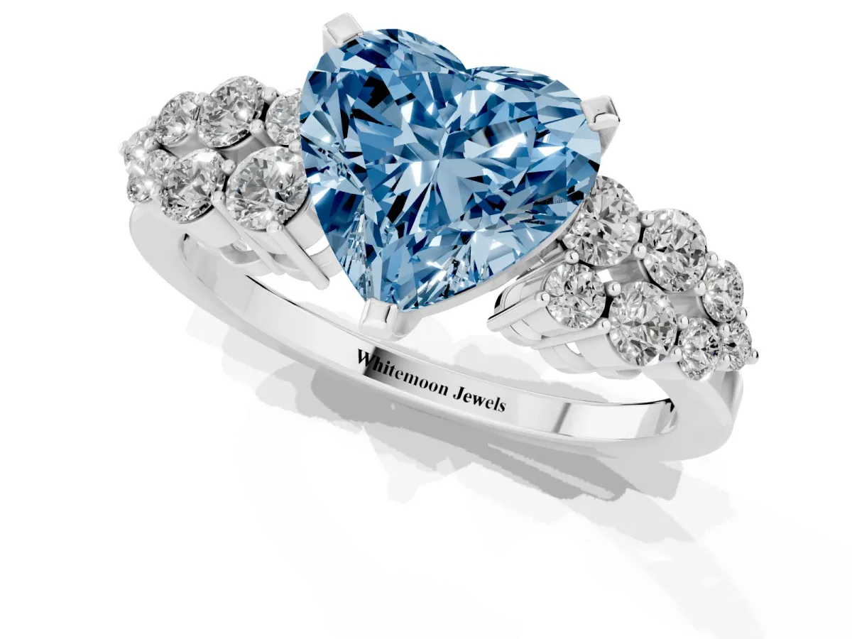 Fancy Blue Heart Cut Cluster Diamond Engagement Ring with Pavé Band and Four-Prong Setting Platinum