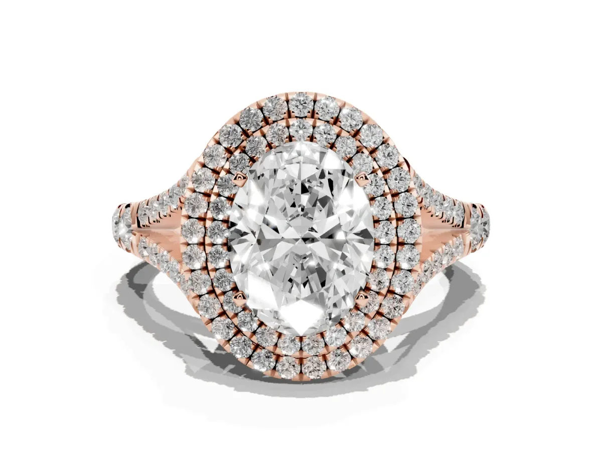 Oval Cut Cut Double Halo Split Shank Diamond Ring with Prong Setting Rose gold