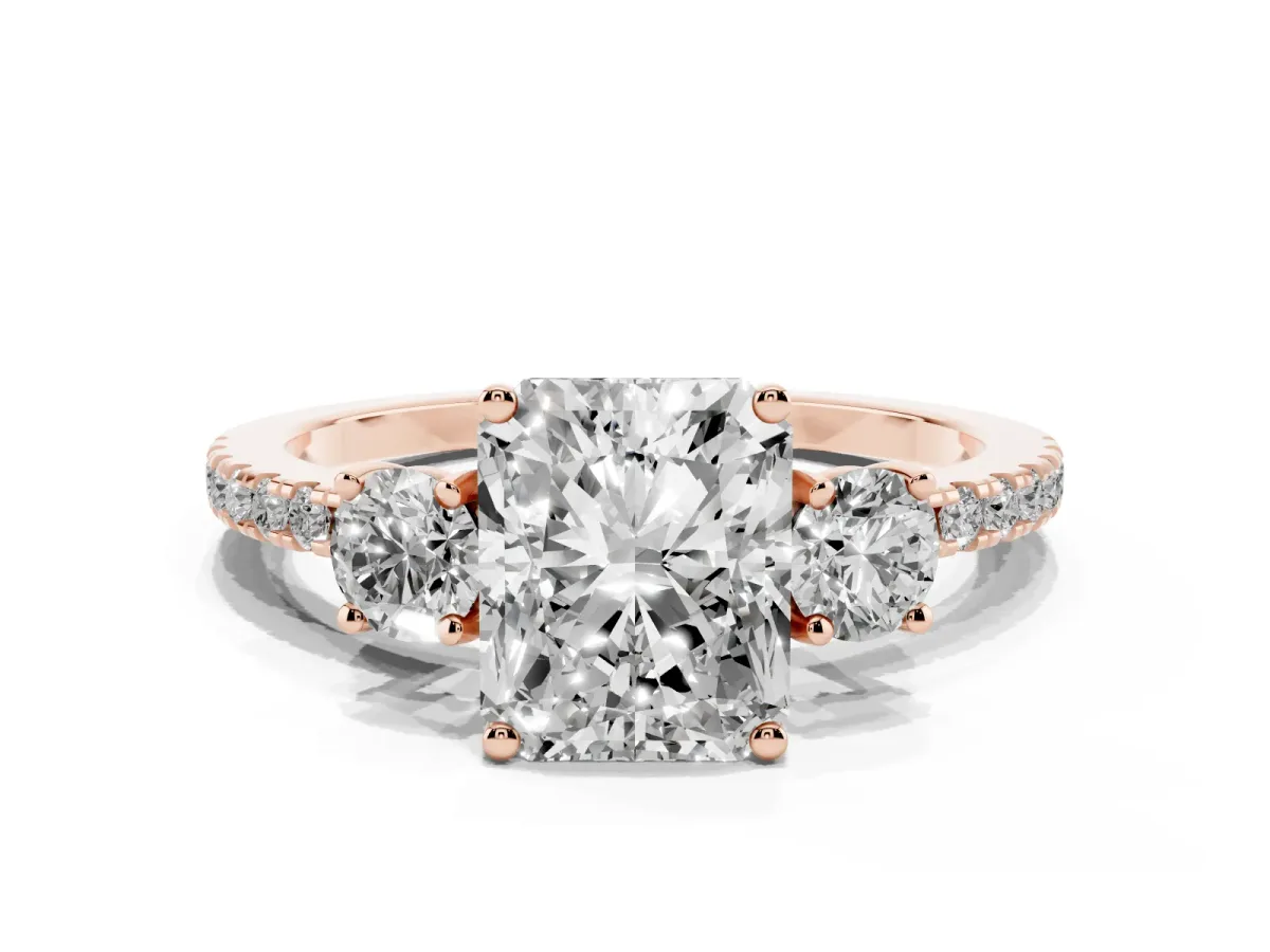 Three-Stone Radiant Cut Cut Diamond Pavé Band with Prong Setting Rose gold