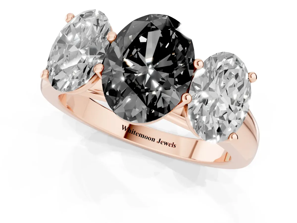 Fancy Black Oval Cut Three-Stone Diamond Ring with Prong Setting on a Classic Band Rose gold