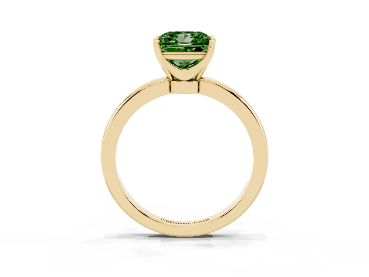 Fancy Green Princess Cut Solitaire Diamond Ring with Six-Prong Setting on a Classic Band Yellow gold