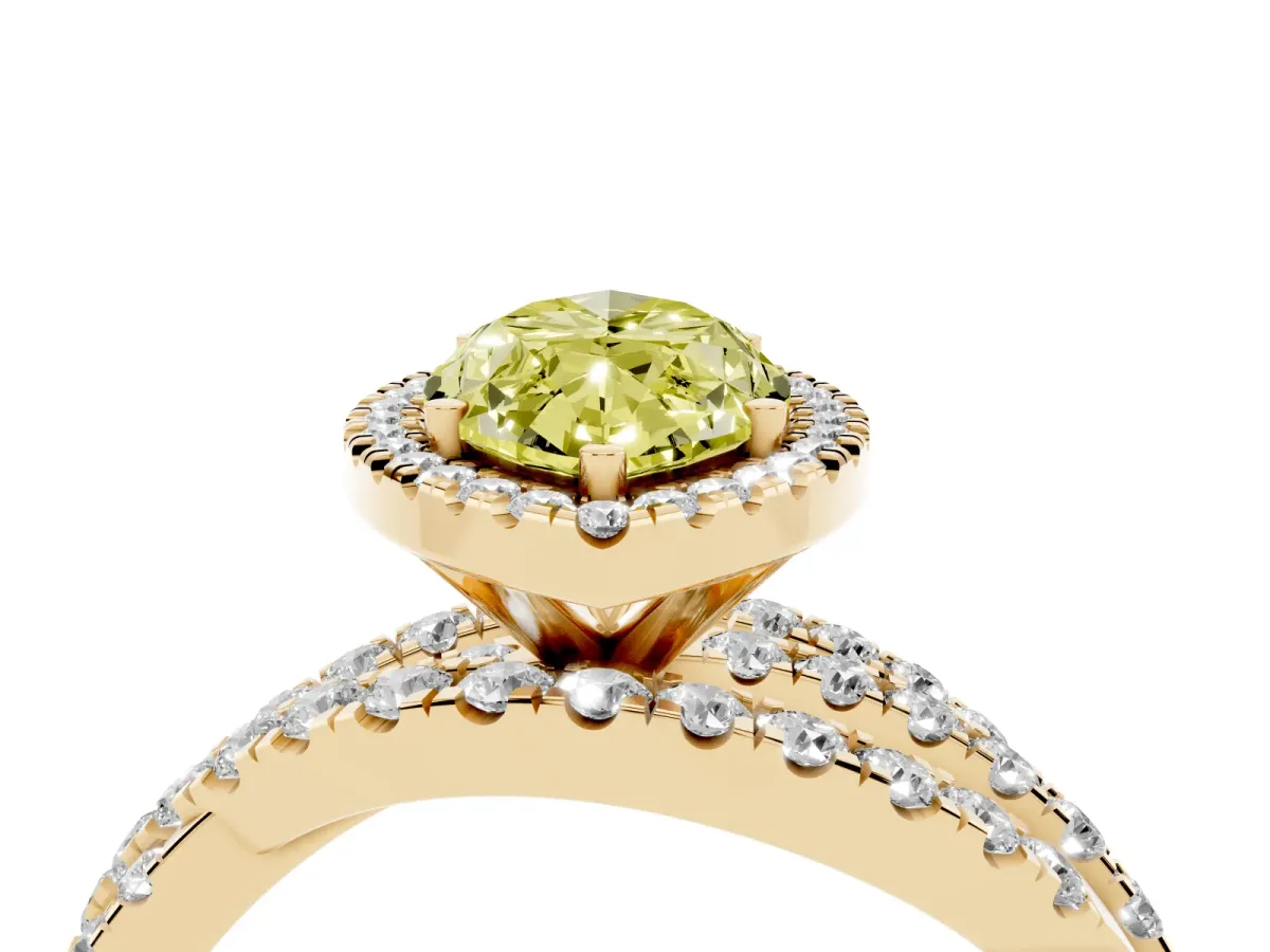 Fancy Yellow Marquise Cut Diamond Halo Ring with Round Split Shank and Prong Setting Yellow gold