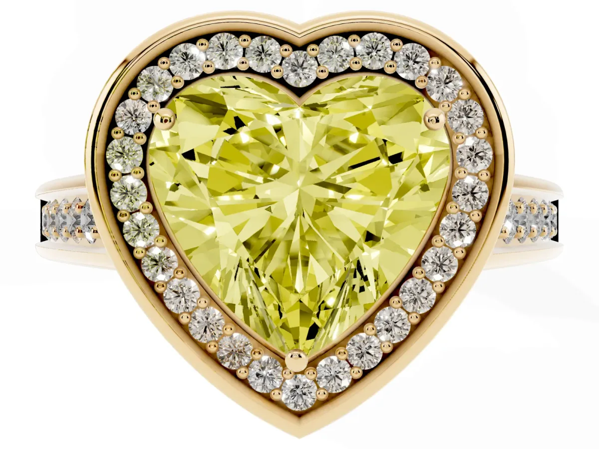 Fancy Yellow Heart Cut Halo Solitaire Diamond Ring with Pave Band and Bezel Setting Yellow gold