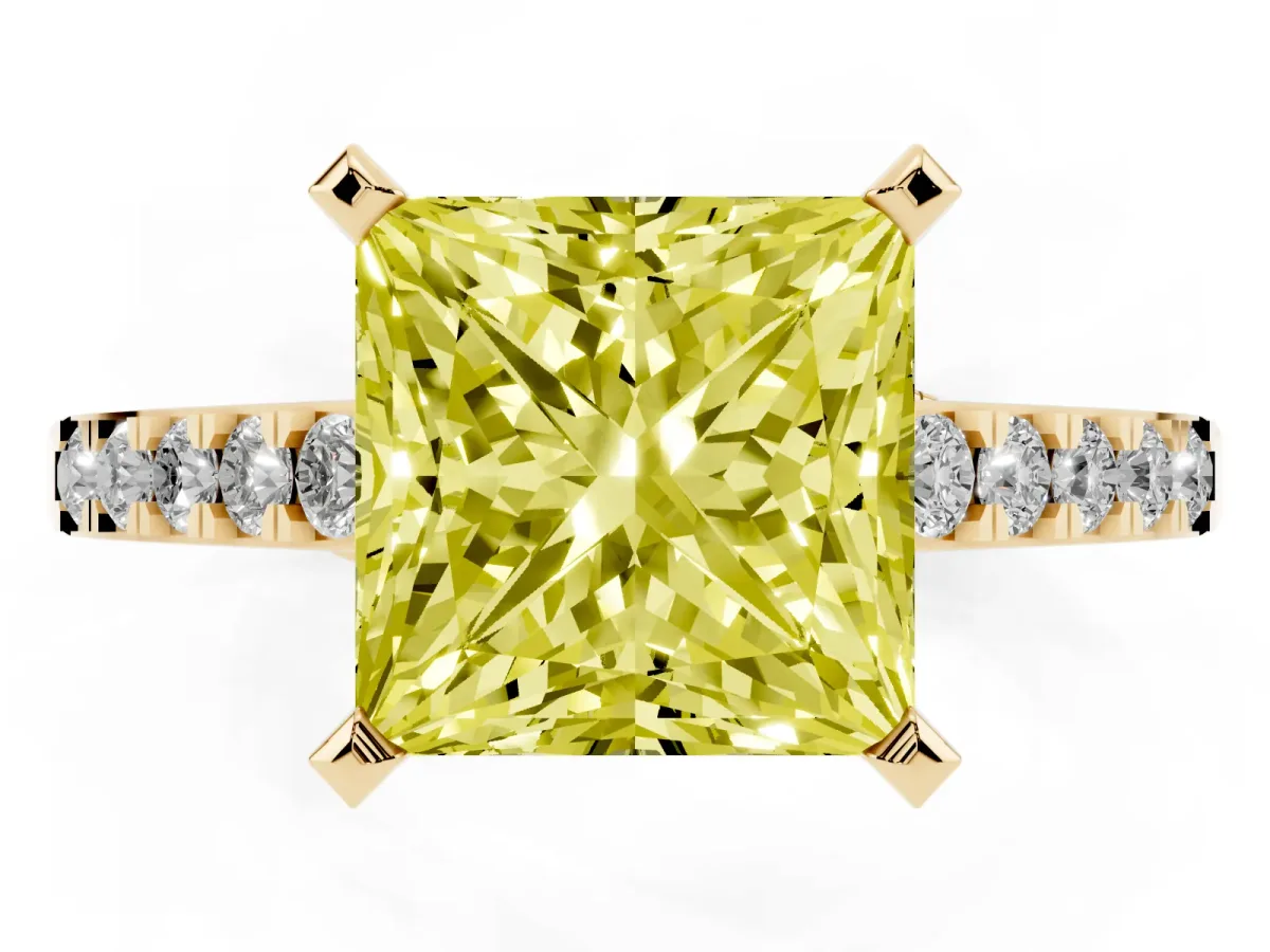 Fancy Yellow Princess Cut Diamond Solitaire Ring with Crossover Gallery and Round Pavé Band Yellow gold