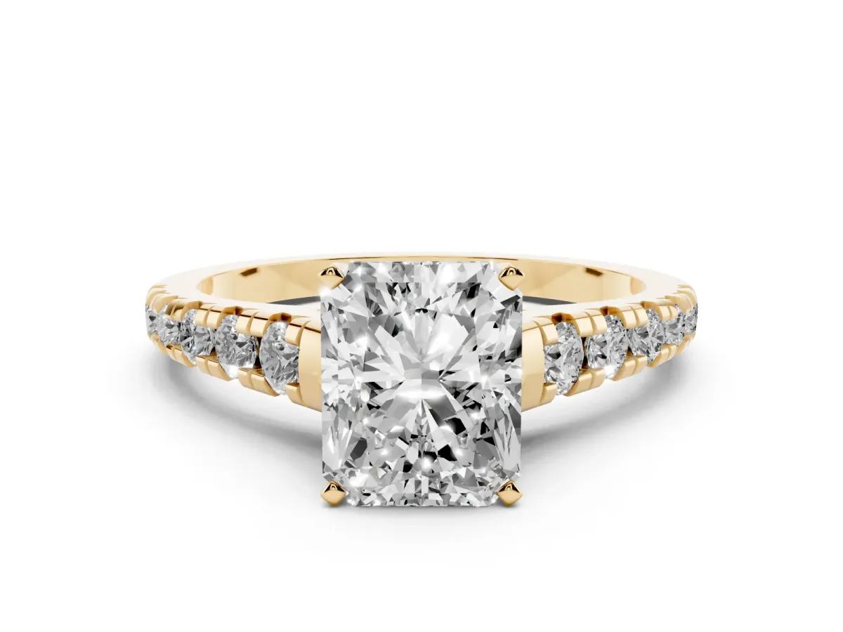 Radiant Cut Diamond Cathedral Solitaire Ring with Round Pavé Band Yellow gold