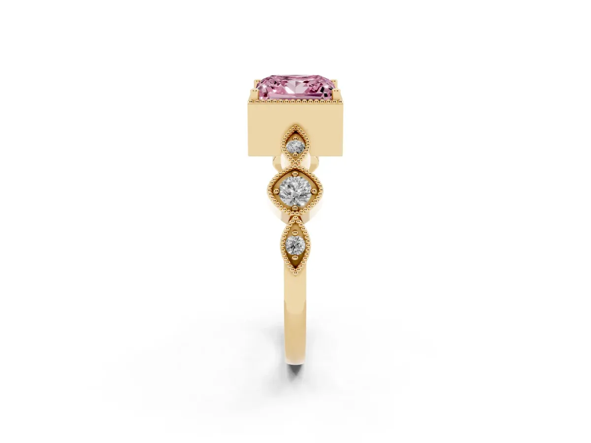 Fancy Pink Princess Cut Diamond Vintage Milgrain Ring with Round Stations Yellow gold