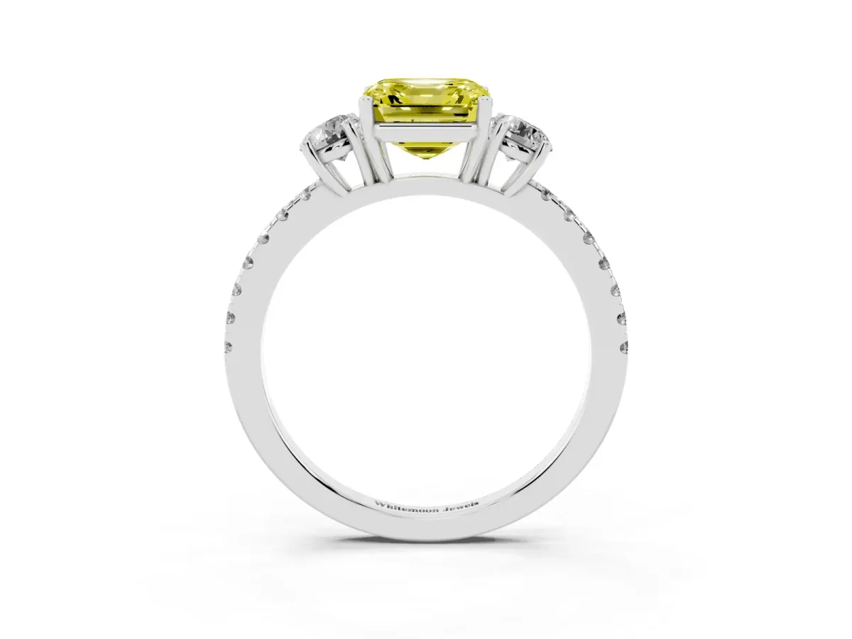 Fancy Yellow Three-Stone Asscher Cut Cut Diamond Pavé Band with Prong Setting Silver