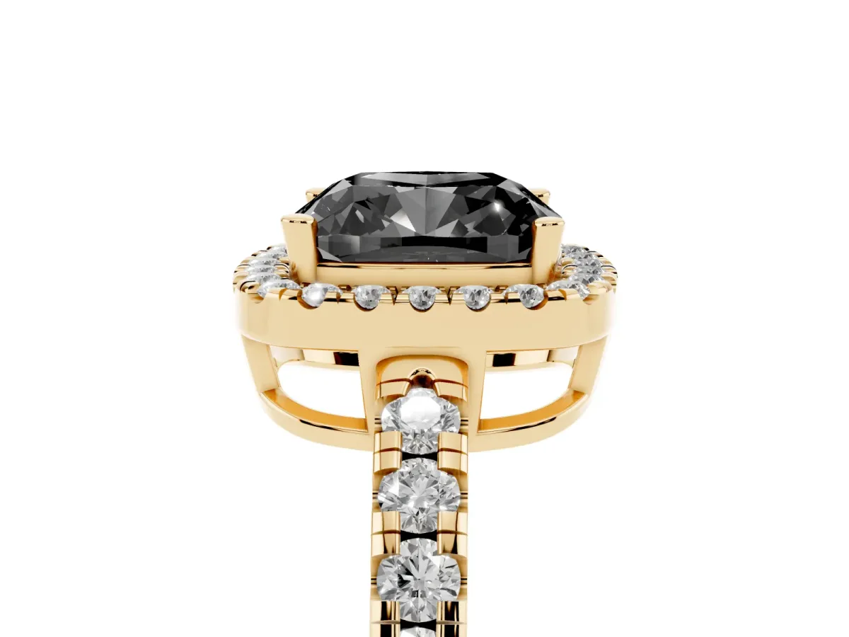 Fancy Black Cushion Cut Diamond Halo Ring with Pavé Band and Four-Prong Setting Yellow gold