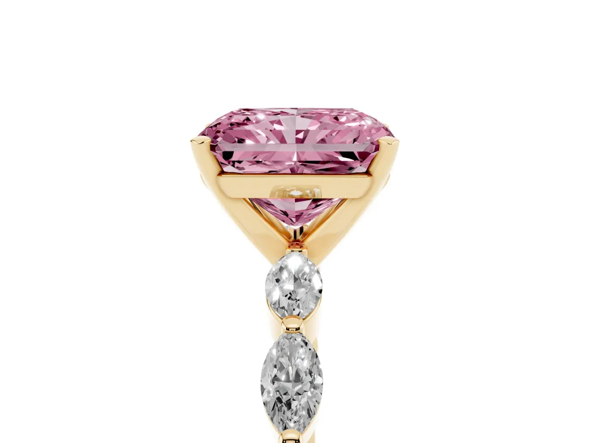 Fancy Pink Radiant Cut Diamond Ring with Marquise Side Stones and Prong Setting Yellow gold