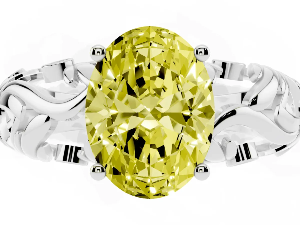 Fancy Yellow Oval Cut Solitaire Diamond Leaf-Inspired Vine Band Ring with Prong Setting Silver